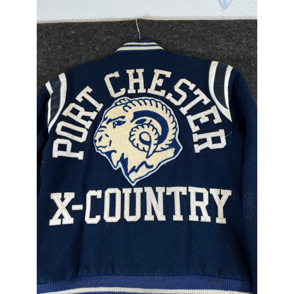Vintage 70s Butwin Port Chester Rams Varsity Jacket Navy Wool Leather 40 Large